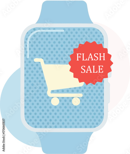 vector illustration of a smartwatch with a shopping cart icon and flash sale tag for a Cyber Monday e-commerce promotion.