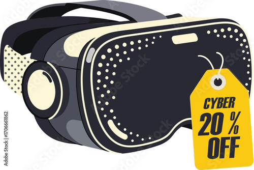 vector illustration of a virtual reality headset with a 20% off Cyber Monday discount tag for a technology and electronics sale.