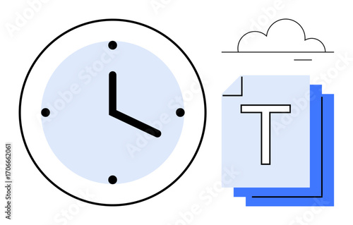 Clock indicating time, overlapping documents, and cloud above signify time management, digital archiving, and cloud data. Ideal for productivity, storage, efficiency, office work organization