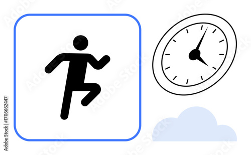 Stick figure running beside an analog clock and cloud. Ideal for productivity, goals, time management, scheduling, efficiency, urgency, and lifestyle. Simple flat metaphor