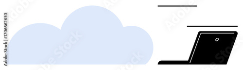 Blue cloud with black laptop conveying data sharing, storage, and processing. Ideal for technology, innovation, network, cloud service, business efficiency, digital workflow simple flat metaphor