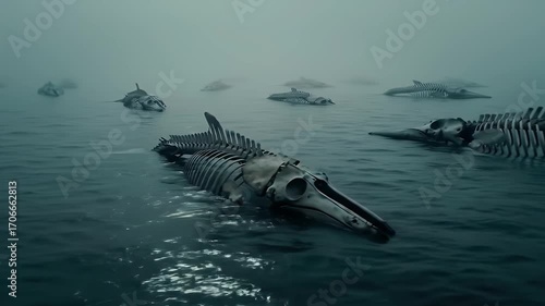 Whale skeletons with foggy ocean.
