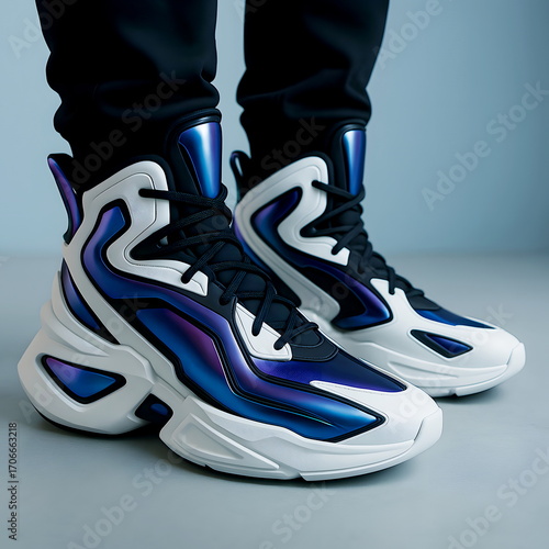 Human legs wearing modern design or fashionable high ankle leather sports sneakers against light blue background.