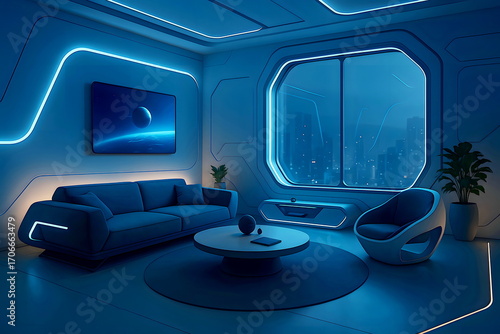 Futuristic comfortable dust and soundproof living room decorated with furniture adjust the ambiance with moods.