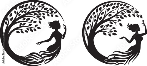 Elegant Female Silhouette and Tree Circular Design