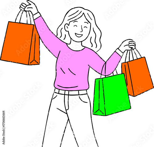 Flat vector design ilustration happy woman jump with shopping bags