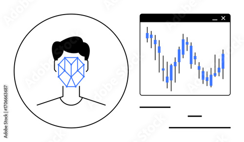 Human face with geometric recognition pattern next to fluctuating data chart inside a software window. Ideal for tech, security, AI, biometrics, analytics, data monitoring, simple landing page