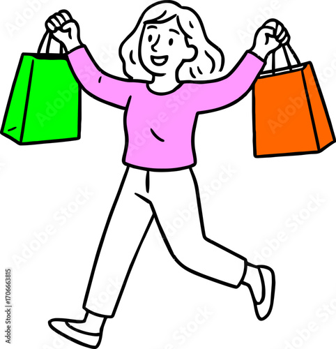 Flat vector design ilustration happy woman jump with shopping bags
