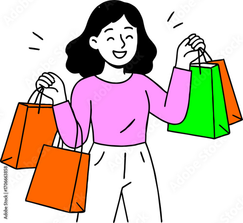 Flat vector design ilustration happy woman jump with shopping bags