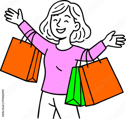 Flat vector design ilustration happy woman jump with shopping bags