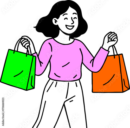 Flat vector design ilustration happy woman jump with shopping bags