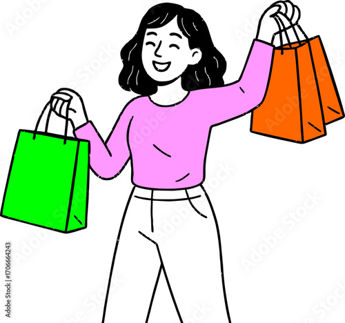 Flat vector design ilustration happy woman jump with shopping bags