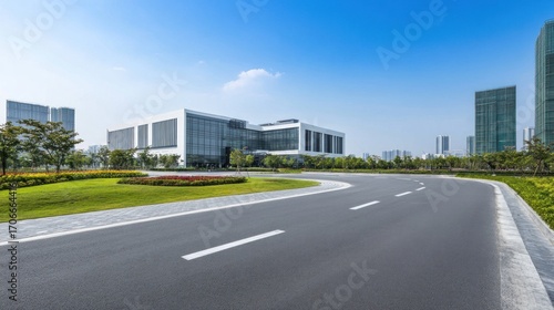 Empty road modern office buildings sunny day