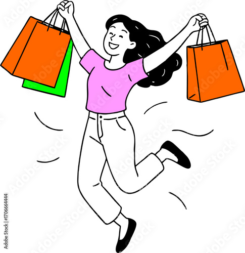 Flat vector design ilustration happy woman jump with shopping bags