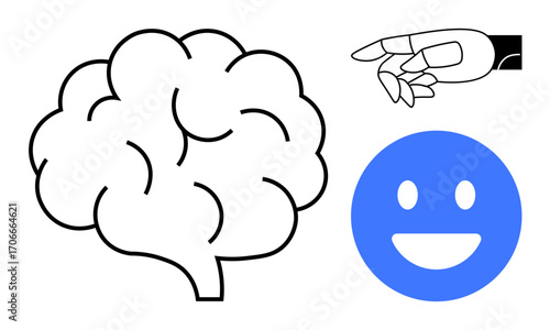 Human brain, robotic hand, and happy face illustrate concepts of artificial intelligence, emotions, and technology. Ideal for AI, cognitive science, innovation, robotics mental health digital