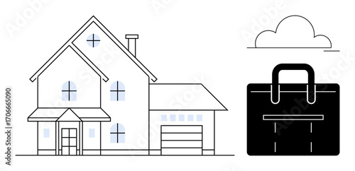 House with pitched roof and large windows next to a briefcase and cloud. Ideal for work-life balance, real estate, home ownership, career, minimalism, lifestyle, and family. Clean flat metaphor
