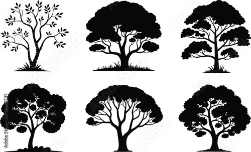 Collection of Six Black Silhouette Trees on White Background