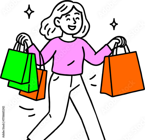 Flat vector design ilustration happy woman jump with shopping bags