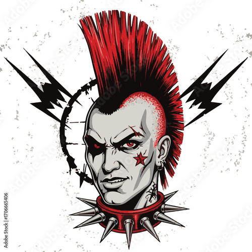 Stylized Illustration of an Aggressive Man with Red Mohawk and Spiked Collar