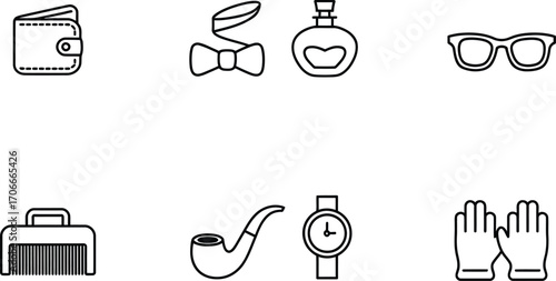 Gentleman's Accessories Icons: Wallet, Bowtie, Perfume, Glasses, Comb, Pipe, Watch, Gloves