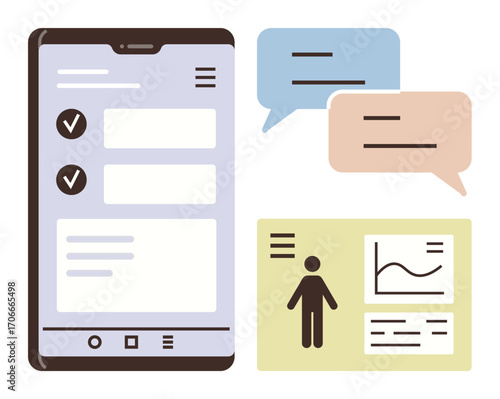 Smartphone task list, data analytics chart, and text bubbles representing teamwork, communication, productivity, data management, workflow efficiency, business strategy remote work. Simple flat