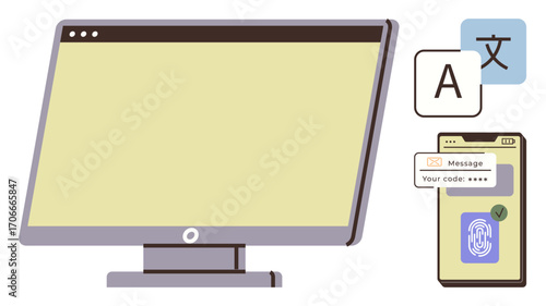 Desktop monitor displaying blank screen, text translation icon, and smartphone with authentication code and fingerprint verification. Ideal for technology, cybersecurity, communication, multilingual