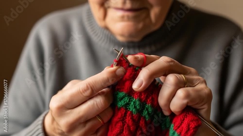Elderly person knitting red and green fabric wearing a grey sweater and wedding ring