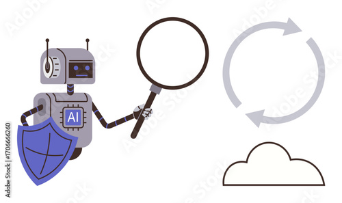 AI robot analyzing with magnifying glass, shield in hand, circular arrow, and cloud representing protection and automation. Ideal for technology, AI innovation, cybersecurity, cloud computing, data