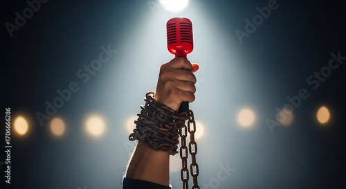 A hand holding a vintage red microphone is chained up, symbolizing the struggle for freedom of speech and expression