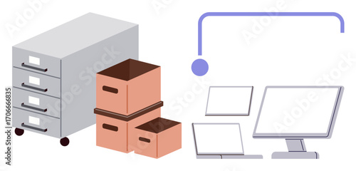 File cabinet, storage boxes, monitors, laptop, and workflow diagram. Ideal for data organization, teamwork, productivity paperless processes digitalization modern office task management. Simple