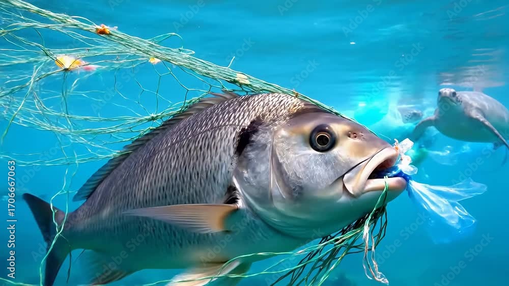 Fish Entangled A desperate fish entangled in a discarded ghost net, a stark symbol of ...
