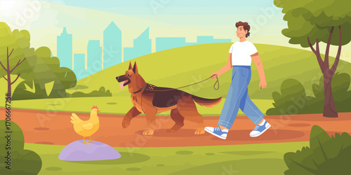 A young man enjoys a peaceful walk with his German Shepherd in a park, while a curious chicken watches on a rock nearby in a vibrant and serene environment.