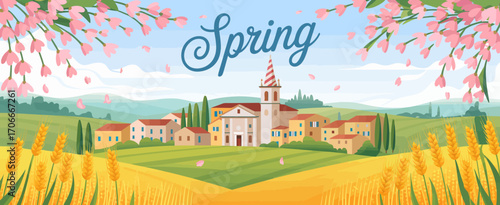 A charming illustration of a spring countryside scene featuring a beautiful village, rolling hills, and golden fields, evoking tranquility and the beauty of rural life.