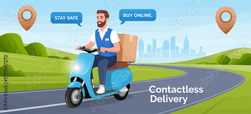 A delivery man rides a scooter through a cityscape, emphasizing the importance of contactless delivery services during urban life and modern convenience.