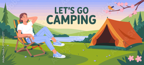 An inviting camping scene shows a relaxed person enjoying nature beside a tent and a serene lake, capturing the essence of outdoor adventure and peacefulness.