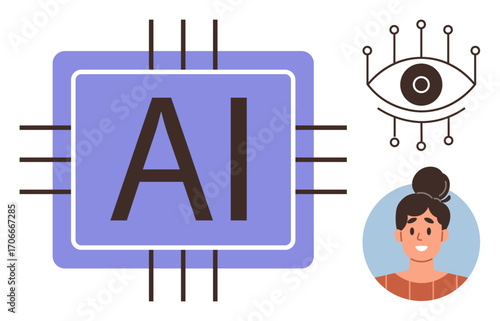 AI chip with circuits, an abstract digital eye, and a smiling person connecting technology to humanity. Ideal for innovation, machine learning, human-AI interaction, vision, computing, creativity