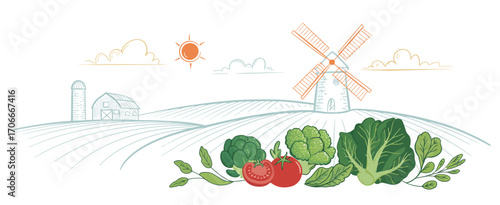 A serene farm landscape highlighting fresh vegetables against a picturesque background of a windmill and barn, evoking a sense of peace and natural abundance.
