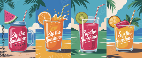 A stunning collection of tropical drinks, including watermelon and citrus blends, set against a picturesque beach backdrop perfect for summer vibes and relaxation.