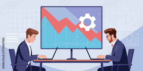 Two business analysts engaged in discussion over decreasing market trends indicates collaboration in identifying strategies to enhance performance using data-driven approaches.