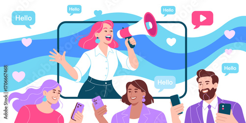A lively illustration showcasing an energetic speaker interacting with an audience through a digital platform, highlighting engagement and social connection.