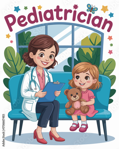A friendly pediatrician engages with a happy child holding a teddy bear, creating a warm and welcoming atmosphere that embodies care, compassion, and trust in healthcare.