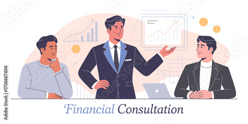This image showcases a professional financial consultation session with a consultant presenting data to two clients, illustrating the importance of financial planning and advice.