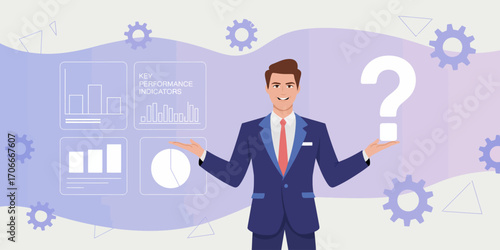 A smiling professional is holding up question marks and performance indicators, symbolizing the importance of KPIs in achieving business growth and strategic planning.