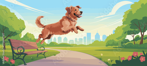 This vibrant image captures an active dog leaping joyfully in a city park, embodying the spirit of playfulness and connection between pets and their owners in an urban setting.