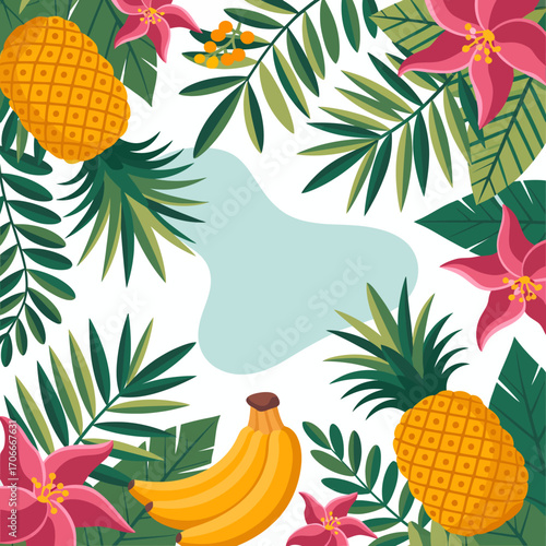 This vibrant image features a tropical theme, showcasing pineapples, bananas, and beautiful flowers amidst lush green leaves, perfect for evoking a sunny, summery vibe.