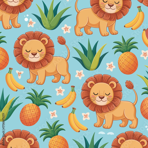 This charming image features cute lions alongside tropical fruits like pineapples and bananas, creating a warm, playful atmosphere suitable for children's designs.
