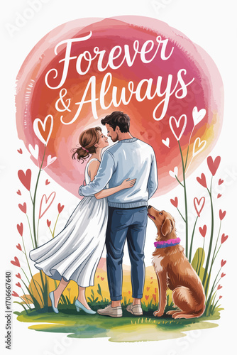A charming illustration captures a couple embracing with their beloved dog, radiating love, devotion, and the beauty of long-lasting relationships adorned with vibrant hearts.