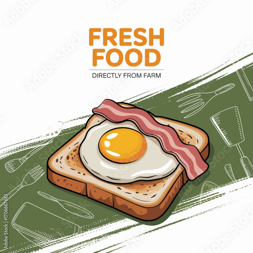 A mouthwatering image of a toasted bread slice topped with a fried egg and crispy bacon, representing a hearty breakfast choice that brings comfort and satisfaction.