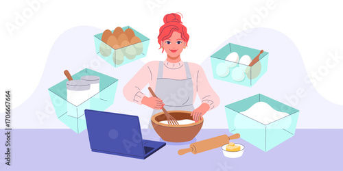A cheerful young woman is mixing ingredients in a bowl while using a laptop for recipe guidance, surrounded by various baking ingredients in organized containers on the table.