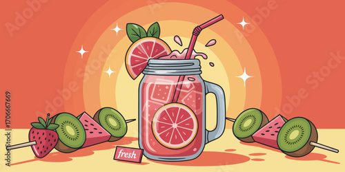 A vibrant pitcher of colorful fruit juice is splashed with freshness, surrounded by juicy fruits, showcasing a refreshing drink that embodies health and enjoyment on a sunny day.
